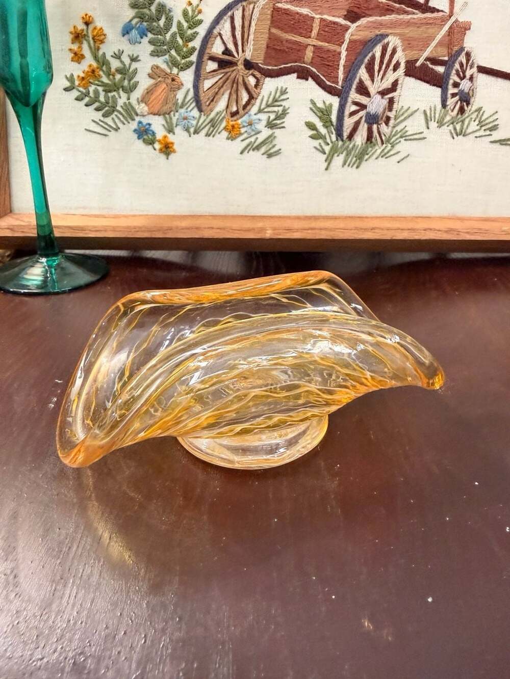 Vintage MCM Amber Curved Glass Art Glass Bowl Dish Pedestal Base